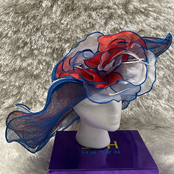 Kentucky Derby Side Flip 7" Brim Sinamay Layered Feather Hat USA Flag Patriotic - Picture 5 of 16